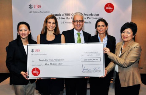 The UBS Optimus Foundation donated 1 million CHF to Teach for the Philippines in November 2012.